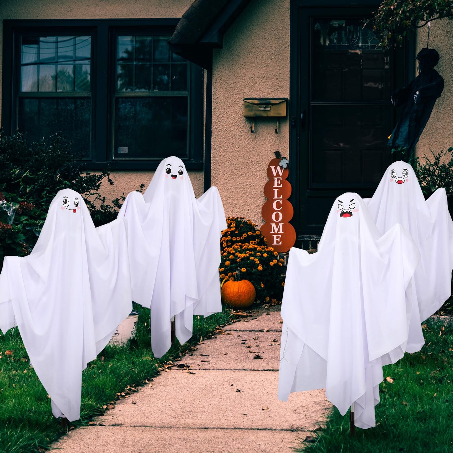 WILLBOND 4 Pcs Halloween Ghost Yard Sign Solar Ghost Outdoor Decoration with Stakes for Halloween Pathway Party Yard Lawn Patio Garden Decorations, 25.59 Inch