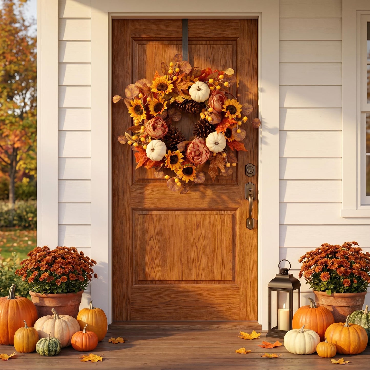 Artificial Fall Autumn Wreath 22 in with Sunflower,Peony,Pumpkin, Eucalyptus Leaf for Front Door Thanksgiving Wreaths Wall Window Harvest Festival Celebration