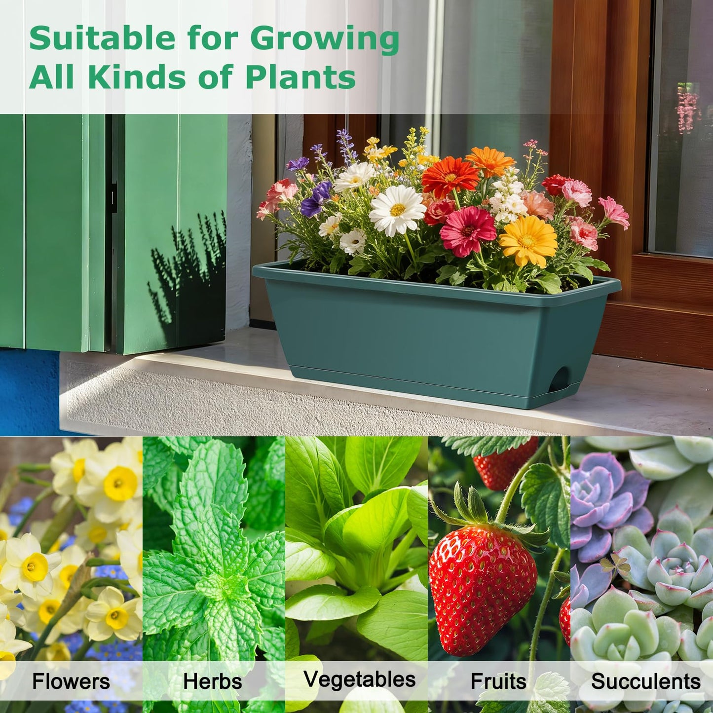 Deck Railing Planter Boxes 2 Tier Green Outdoor Hanging Planters Set of 2 with 4 Pack Flower Boxes 16.9 Inch Window Boxes Planters with Adjustable Brackets Balcony Planters for Garden Porch Patio