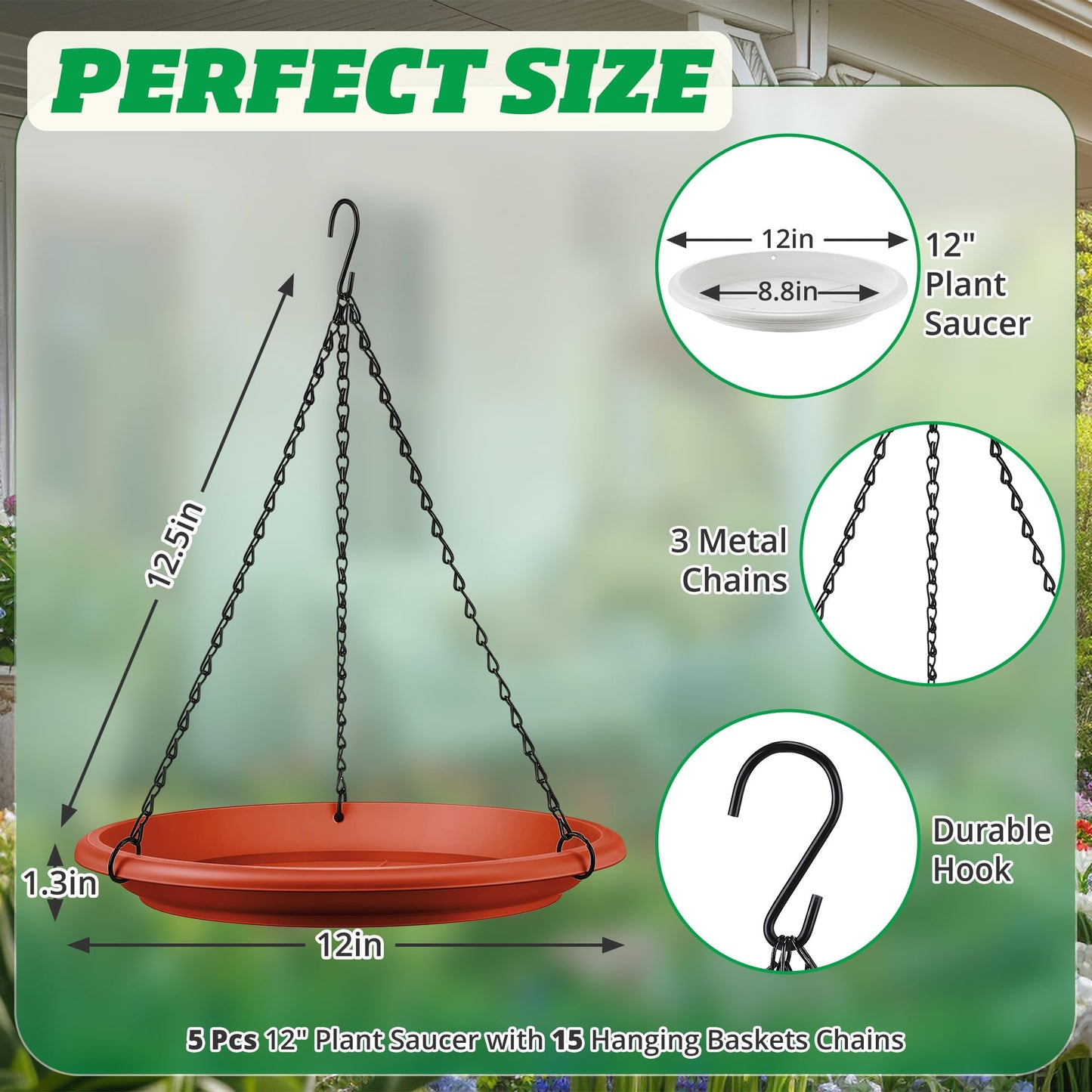 Hanging Planter for Indoor Outdoor Plants, 12" Plant Saucer with Basket Chains, Adjustable Plants Hanger Shelf Decorative Hanging Plant Flower Pot for Window Wall Ceiling Home Decor(5 Pcs,Brick Red)
