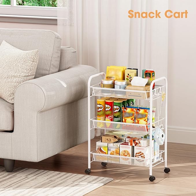 TOOLF 3-Tier Metal Rolling Cart, Mesh Wire Easy Assemble Utility Cart, Storage