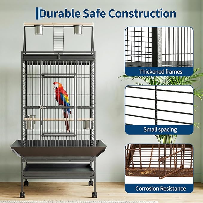 68“h Bird Cage, Large Bird Cage with Play Top, Rolling Stand for Parakeets, Cockatiels, Parrots, Budgies, Lovebirds, Small/Medium Birds