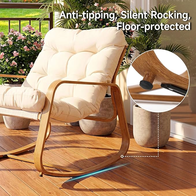 ONBRILL Rocking Chair with Thick Cushion Outdoor Indoor, Premium Iron Wood