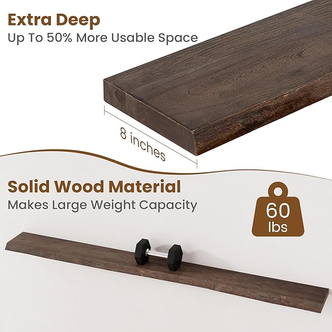 Floating Shelves for Wall Decor, Rustic Solid Elm Wood Live Edge Floating