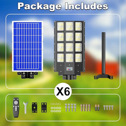 8000W Solar Solar Street Lights Outdoor Solar Lights Waterproof, 240000LM 7000K Solar Powered Paroking Lot Light Dusk to Dawn Motion Sensor, Solar Street Light 6-Pack