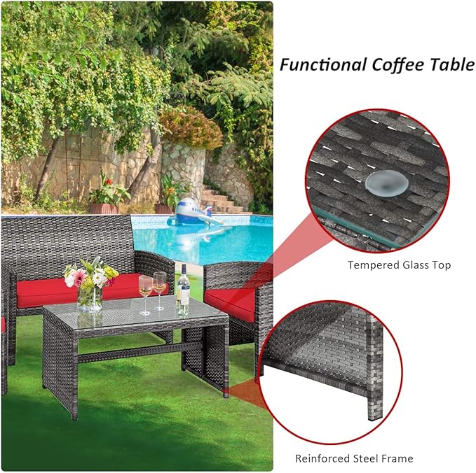 Tangkula 4 PCS Wicker Patio Conversation Set, Outdoor Rattan Sofas