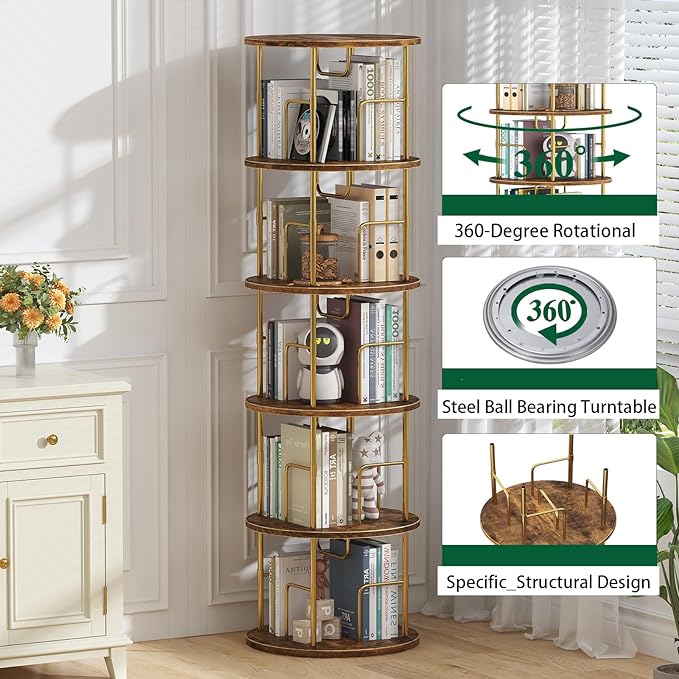 5Tier Rotating Bookshelf, 360 ° Display Stackable Spinning Bookshelf Tower