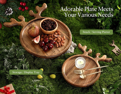 Dofira Acacia Antler Christmas Serving Platter, 12" x 15" Round Wooden Food Dish, Serving Dishes Charcuterie Board Tray for Cheese Fruit Bread, Christmas Platter for Housewarming, Mother’s Day