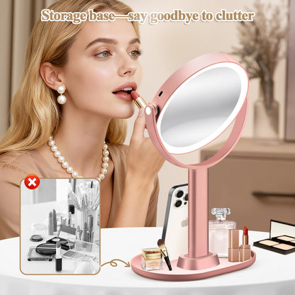 Makeup Mirror with Lights, Double Sided 1x/20x Magnifying Mirror with Light, Rechargeable 3 Color Lights and Adjustable Brightness, 360° Rotation Detachable Comes with Tweezer(Black)