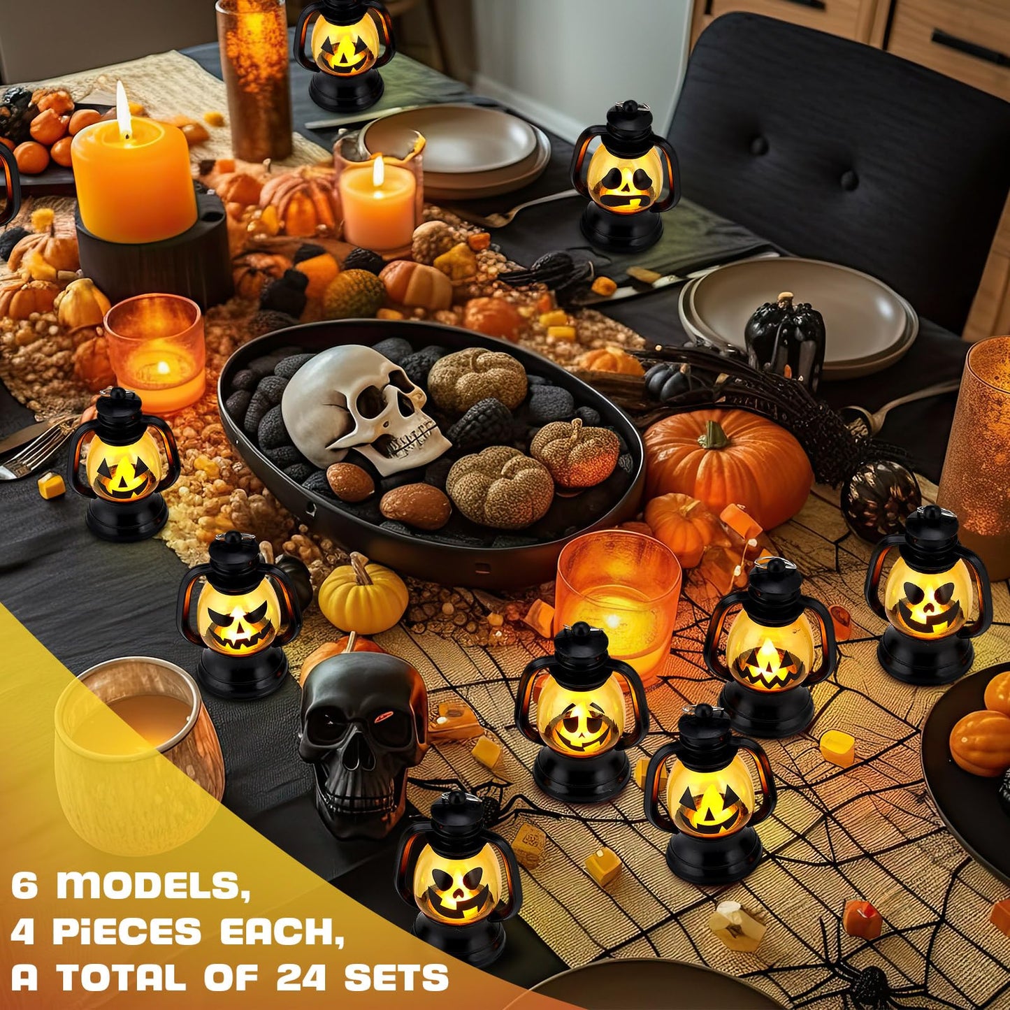 ROCEEI Halloween Mini Pumpkin Lantern 3.54 Inch Jack O Lantern Table Centerpiece Halloween Hanging Decoration Bulk Light up Lamp with Flickering LED Candle for Party Decor Indoor Outdoor(24 Pcs)