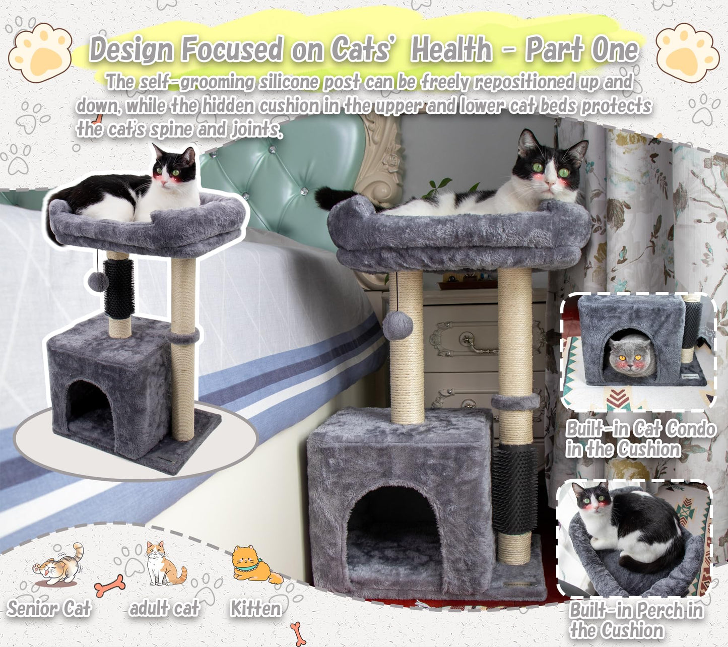 Hapineko 26.8" Small Cat Tree Tower,Cat Scratching Post for Indoor Cats,Featuring with Cat Cave & Cozy Perch,Cat Self Groomer and Interactive Dangling Ball Great for Kittens/Cats (Smoky Gray, Medium)