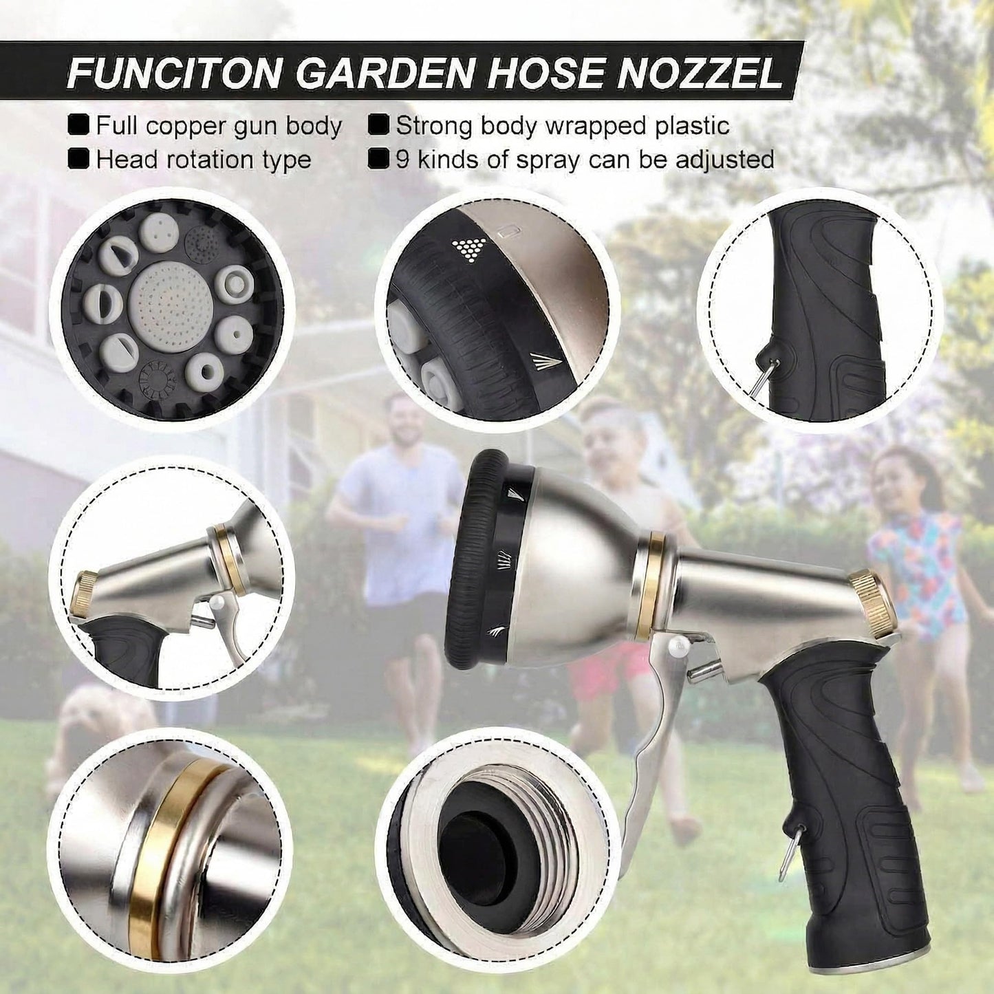 Garden Hose Nozzles 9 Adjustable Patterns Hose Spray Nozzle Heavy Duty Metal Hose Nozzle Spray Slip Resistant Water Sprayer for Cleaning/Watering Lawn Garden/Pets Shower/Car Washing (Gray)