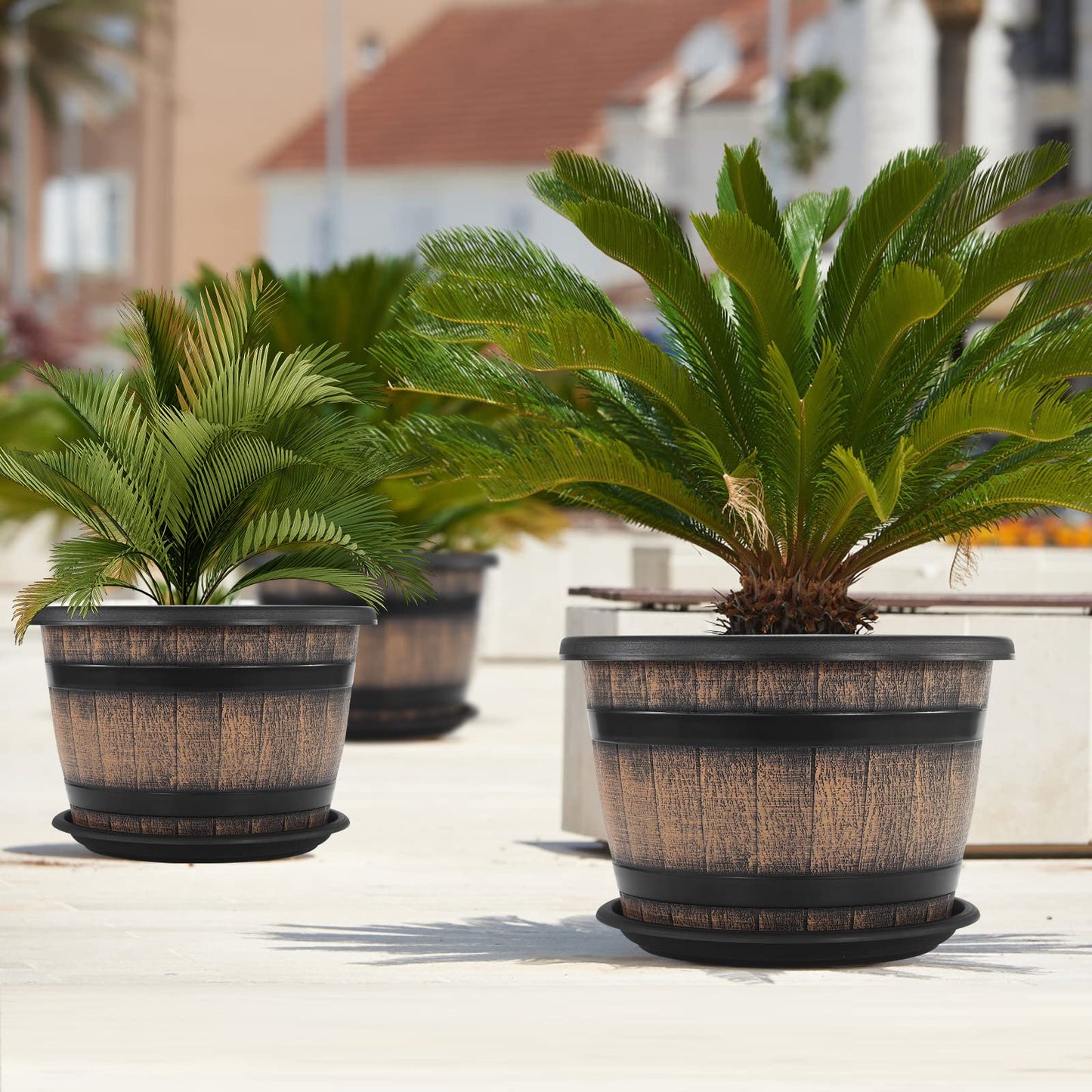 Quarut Large 4 Pack12 inch Plant Pots and 4 Pack14 inch Plant Pots,Flower Pots Imitation Wine Barrel Design for Indoor & Outdoor
