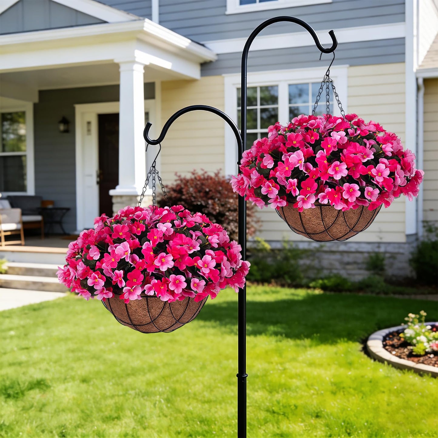 INXUGAO Artificial Hanging Flowers with Basket for Outdoor, Fake Hydrangea UV Resistant Arrangements in Pot Indoor Porch Garden Yard Spring Summer Decor(Double Rose)