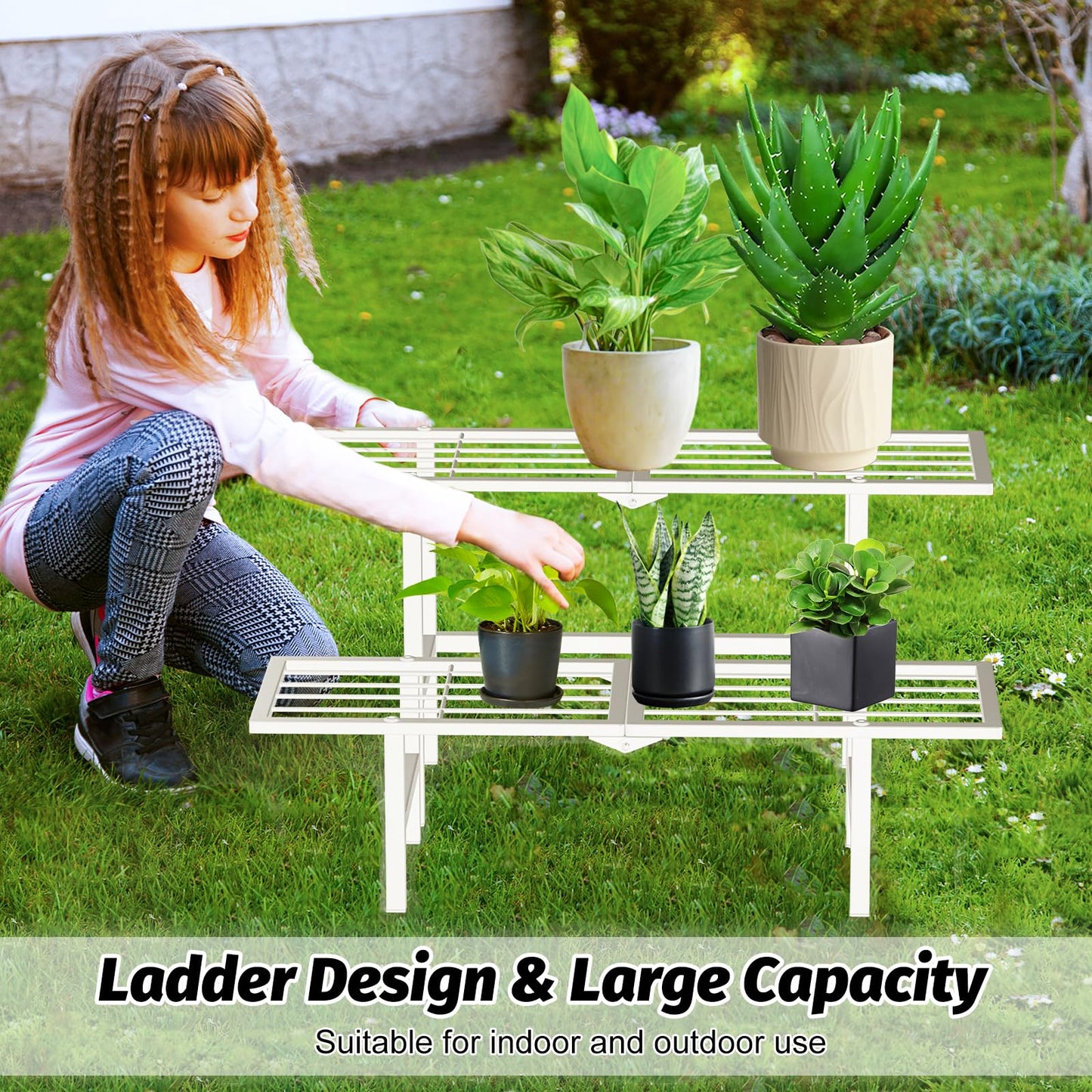 jsyonii 2 Tier Metal Plant Stand Outdoor Indoor, Separated Tiered Outdoor Folding Plant Shelf, Ladder Plant Stands Display Rack for Garden Window, 8.3/15.4'' Tall (White)