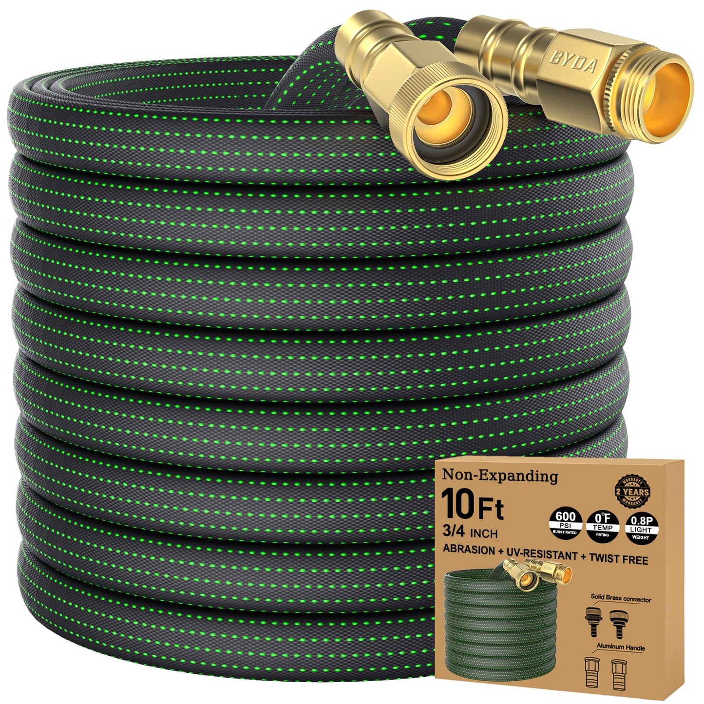 10FT Lightweight Flexible Garden Hose,Non-Slip Handles,Non-kink Hose,Solid Brass Fitting for Boats, RV Water Hose,Marine Washdown,Lawn,Garden,Leakproof TPE Hose (GreenBlack, 10 Ft)