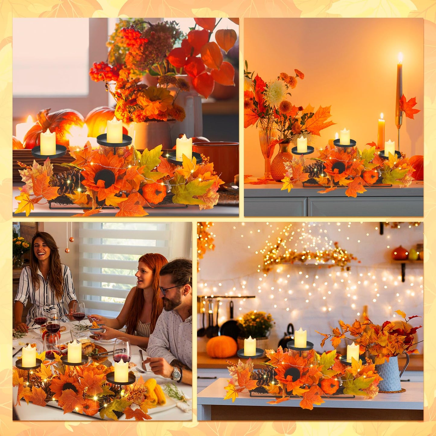 meekoo Fall Centerpiece Thanksgiving Table Decoration 3 Candle Holders Fall Harvest Decor with 3 LED Candles Autumn Pumpkin Maple Leaves Sunflower Centerpiece for Kitchen Fireplace Mantel