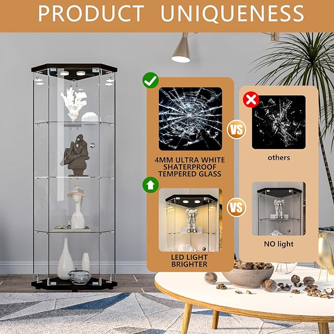 LFT HUIMEI2Y Glass Display Corner Cabinet 4-Shelf, Curio Cabinets Fast