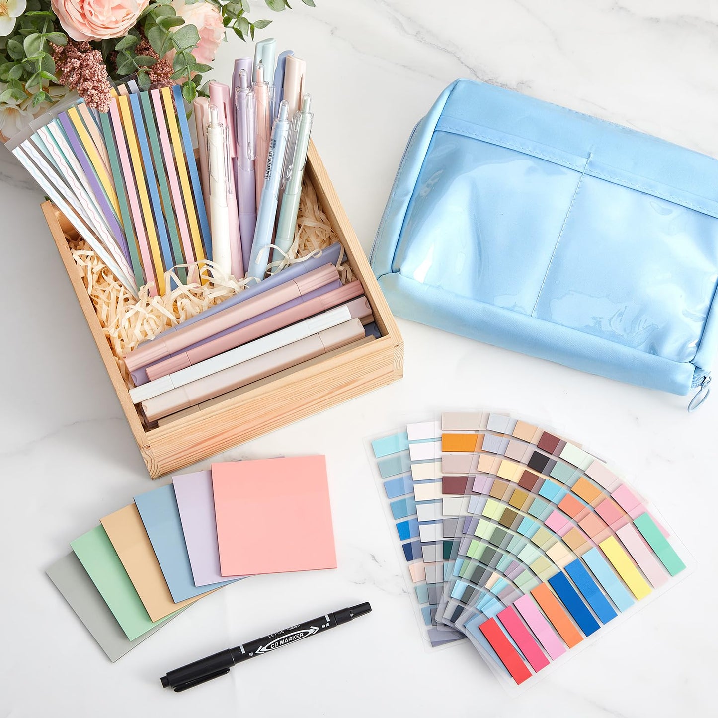 Trandraft 135 Pcs Book Annotation Kit with Pencil Case, 12 Pastel Highlighters, 11 Gel Pens, Fine Marker, 300 Transparent Sticky Notes, 2640 Index Tabs, Bible Study Supplies Kit(Kawaii,Blue)