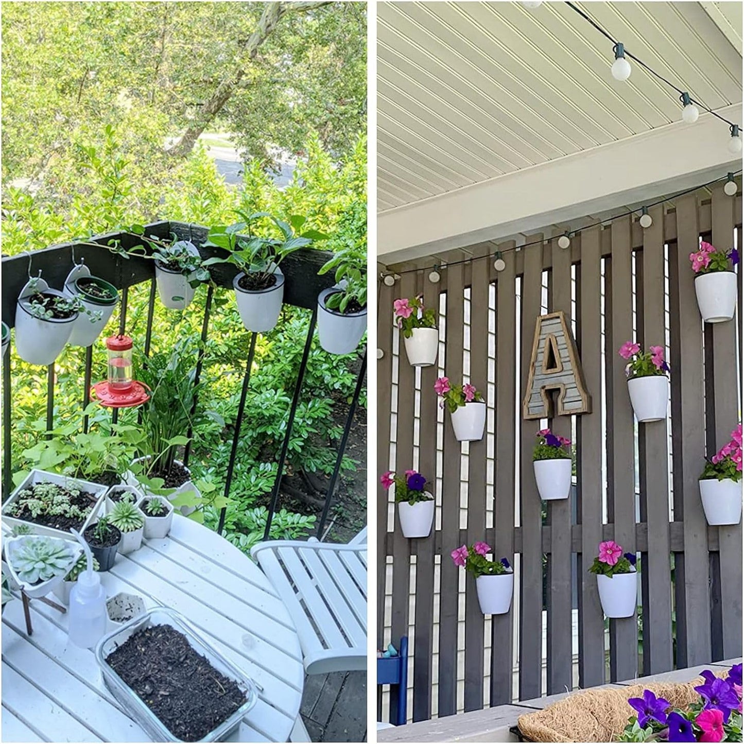 MOUYAT 6 Pcs Plastic Self Watering Hanging Planters, 7 Inch White Wall Mounted Flower Pots with Hooks and Cotton Ropes, Lazy Flower Pots for Outdoor Indoor Plants