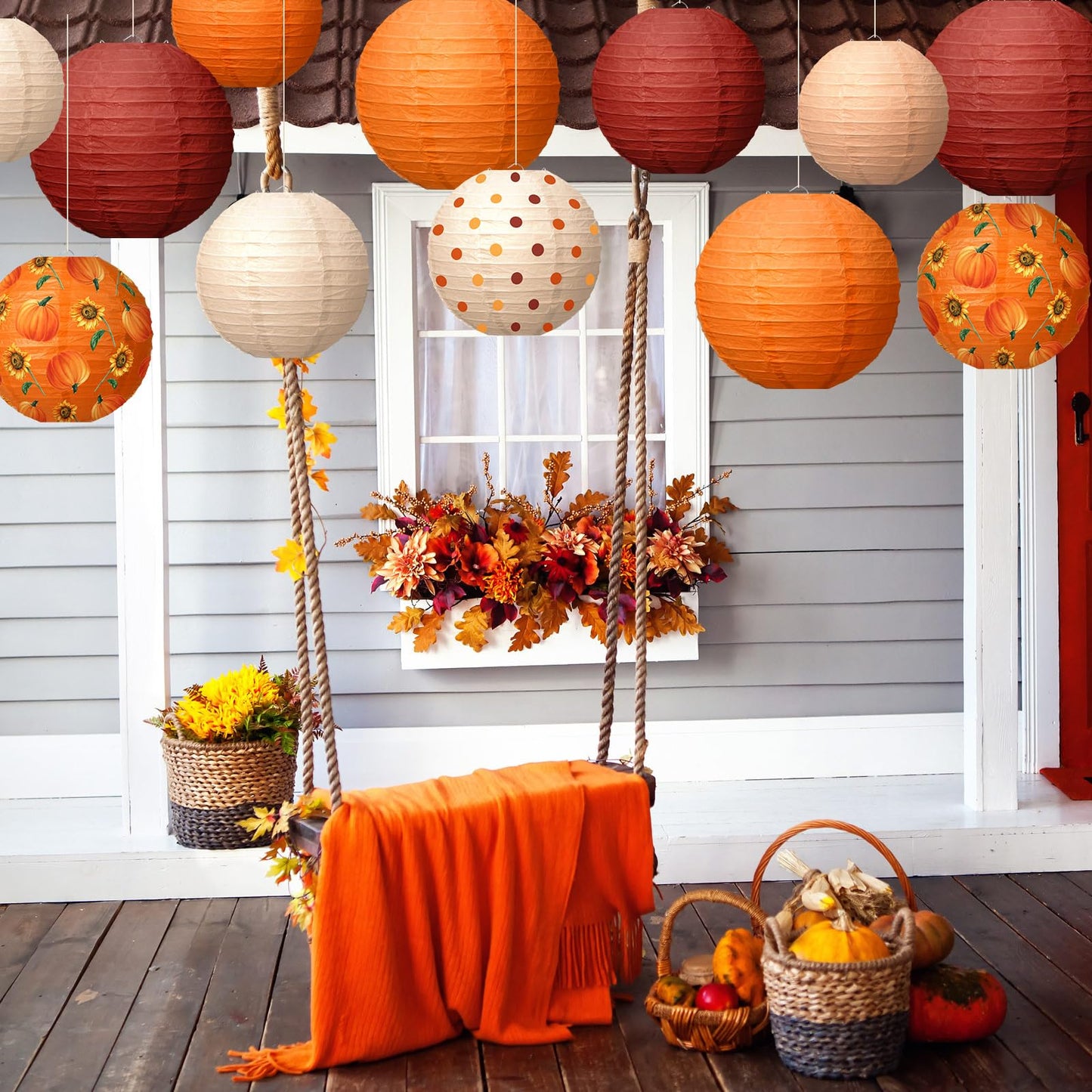 Bencailor 12 Pcs Thanksgiving Paper Lanterns Fall Paper Lanterns Hanging Decorative Round Autumn Decor for Harvest Theme Party Decorations, 8/10/12 Inches (Red,Orange)