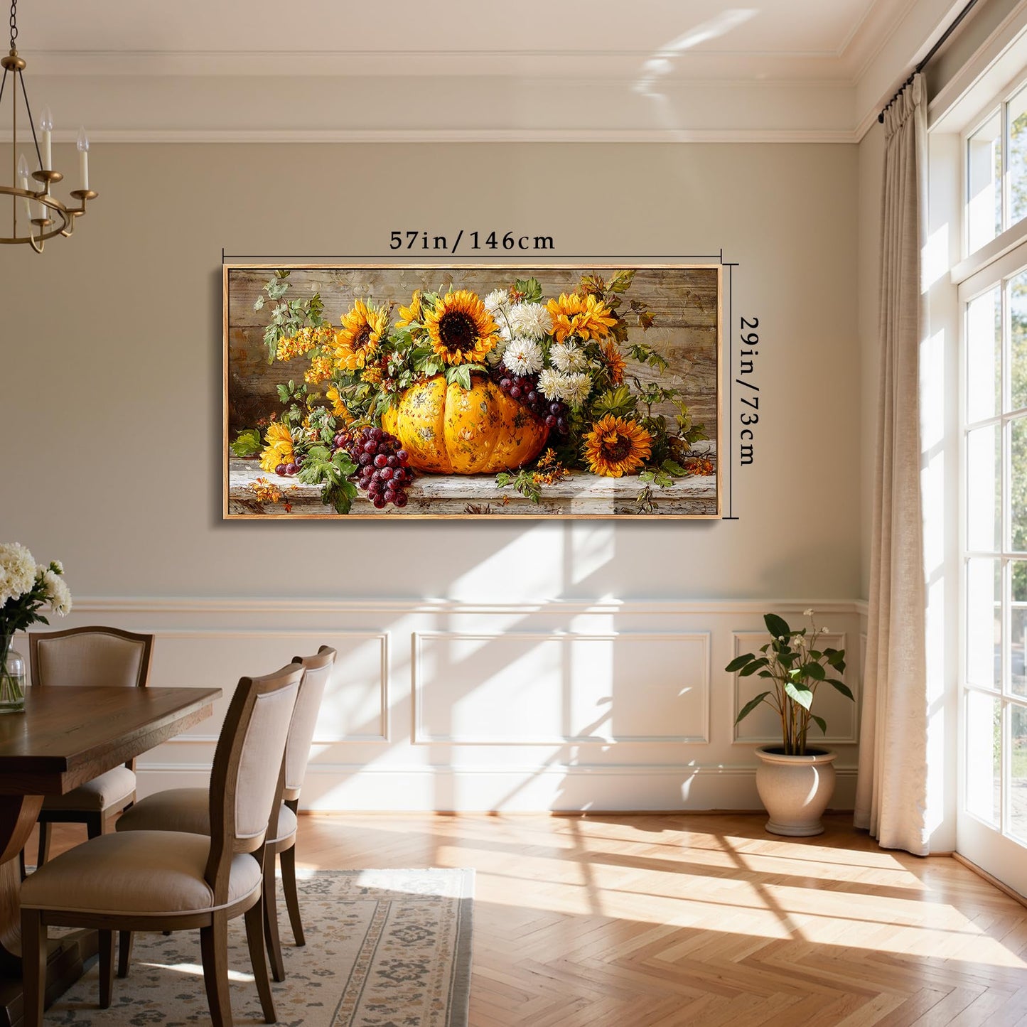 SERIMINO Oversized Wall Art, Flower Wall Art, Framed Artwork for Walls, Sunflower Botanical Prints, Pumpkin Fruit Large Painting, Rustic Pictures Wall Decor Living Room Dining Room Farmhouse 29"x57"