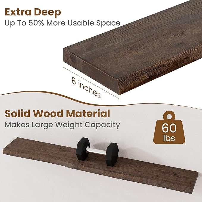 Floating Shelves for Wall Decor, Rustic Solid Elm Wood Live Edge Floating