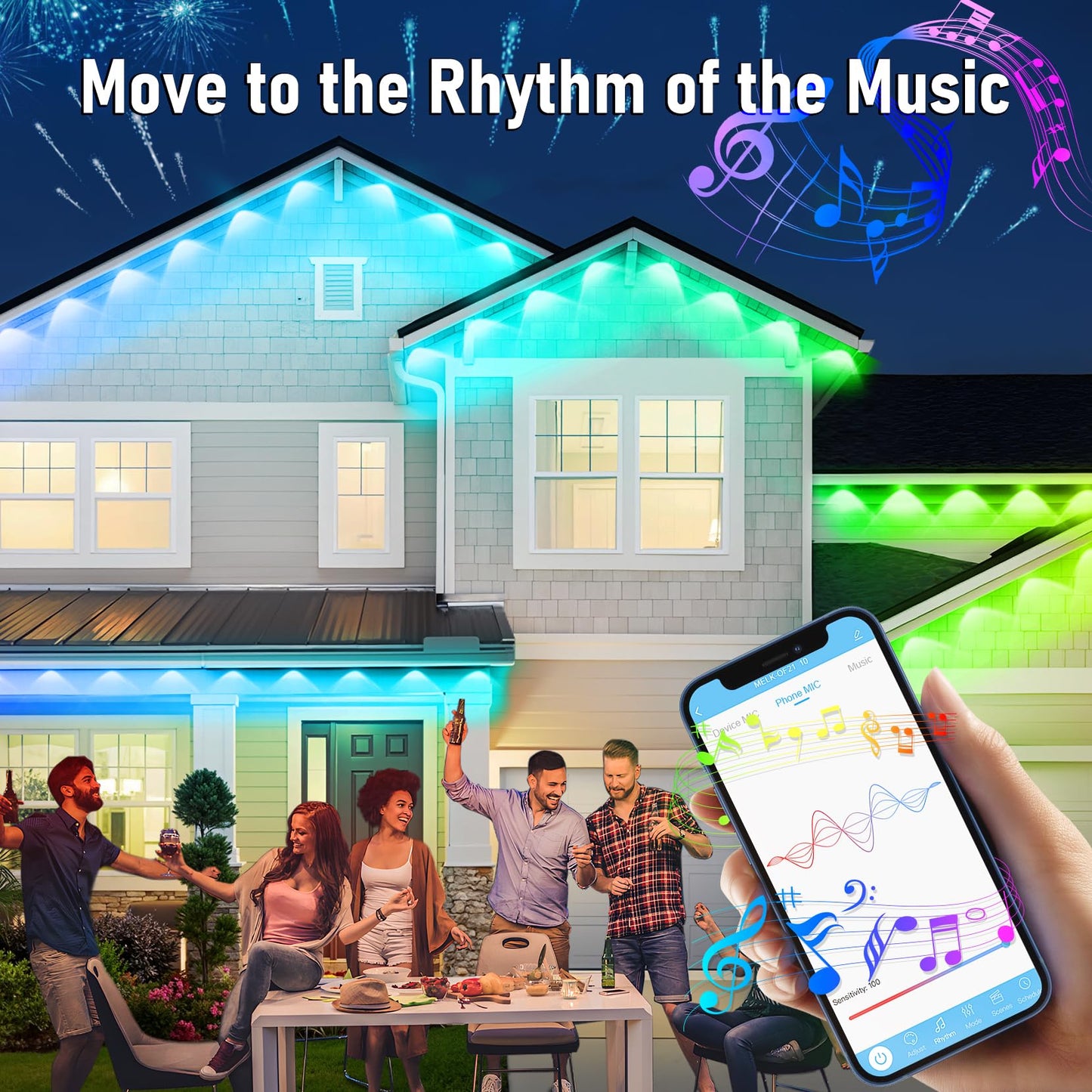 MUCCCUTE Permanent Outdoor Lights for Easter150ft RGB + IC Eaves Lights with App & Remote Control, Outdoor String LED IP67 Waterproof for Holidays New Year July 4th Roof Eaves House Garden Decor