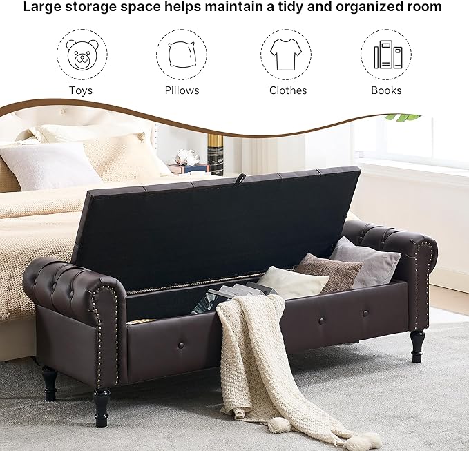 Storage Bench for Bedroom, Faux Leather King Size Bench