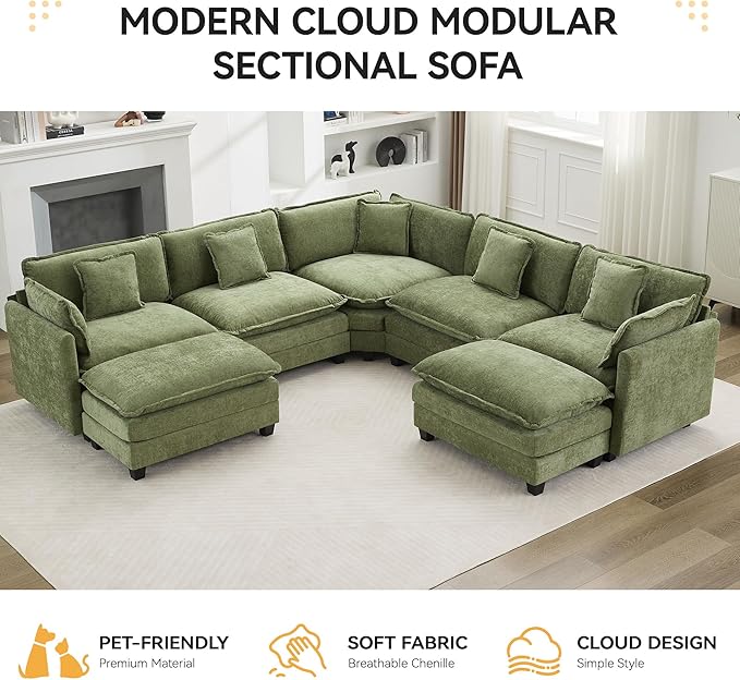 113'' V Shaped Cloud Sectional Sofa, Oversized Deep Seat Couches