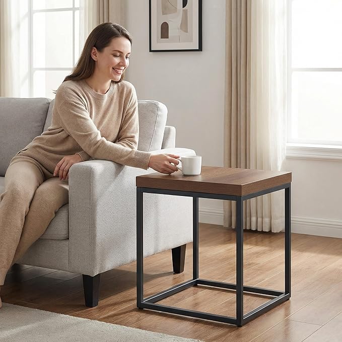 CENSI Modern Square End Table, Extra Thick 1.6" Wood Top & Metal Frame