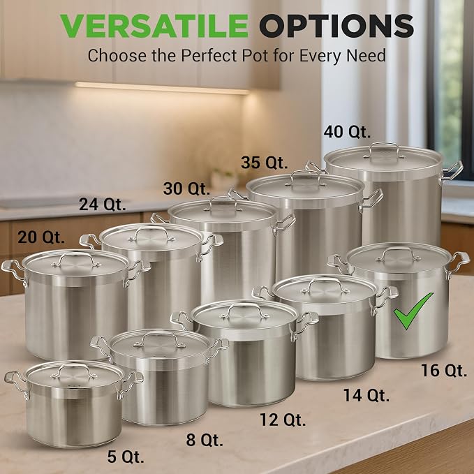 NutriChef 16-Quart Stainless Steel Stockpot - 18/8 Food Grade Heavy Duty Large Stock Pot for Stew, Simmering, Soup, Includes Lid, Dishwasher Safe, Works w/Induction, Ceramic & Halogen Cooktops