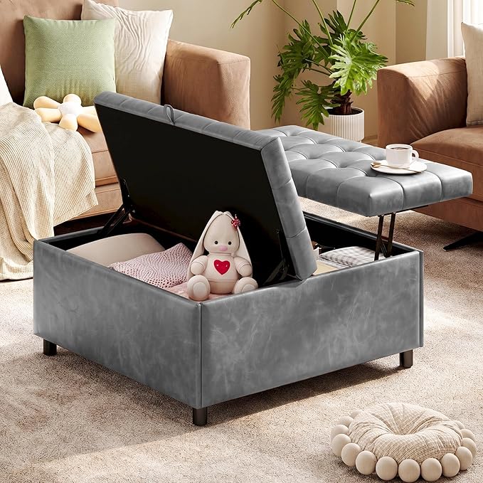 LINLUX Extra Large Leather Storage Ottoman, 35.5 Inch Large Square Lift Top