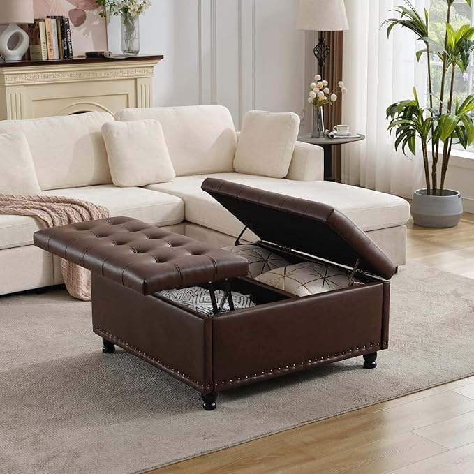 Tbfit Large Square Storage Ottoman Bench, Tufted Upholstered Coffee Table