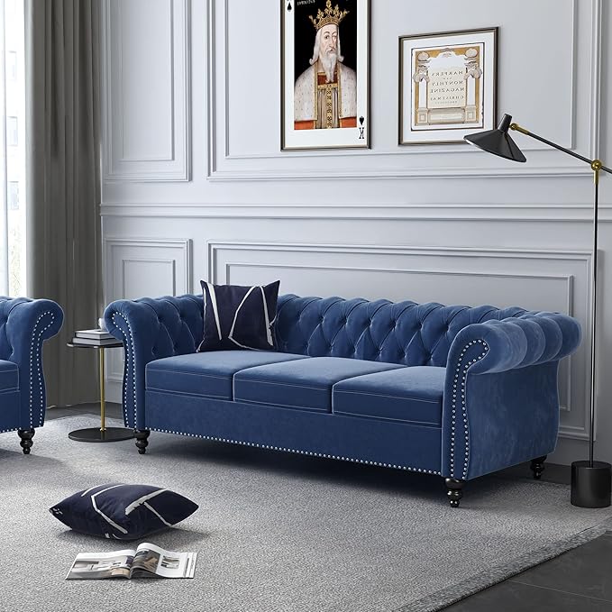 ORRD 2 Pieces Living Room Set, Velvet Couch Chesterfield Sofa Loveseat