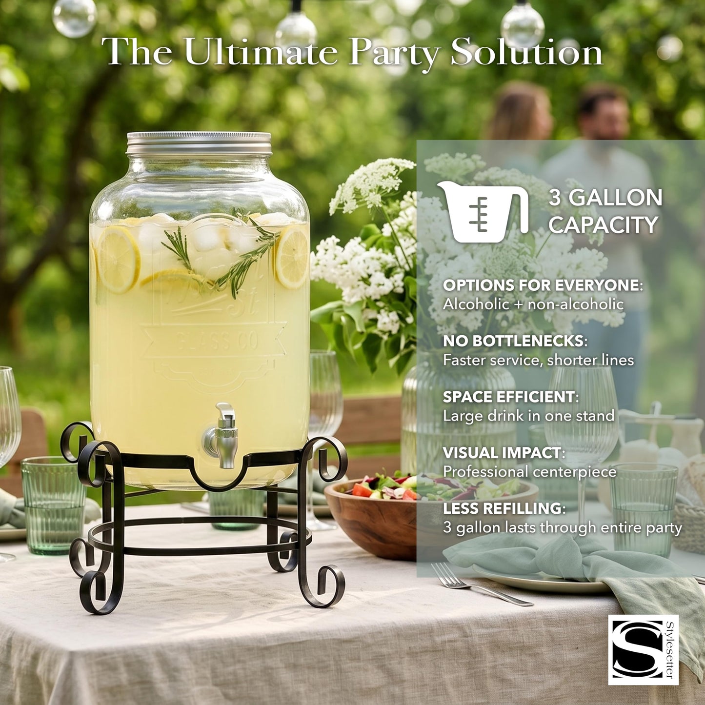 Style Setter Beverage Dispenser Cold Drink Dispenser w/ 3-Gallon Capacity Glass Jug, Metal Stand & Leak-Proof Acrylic Spigot Great for Parties, Weddings & More