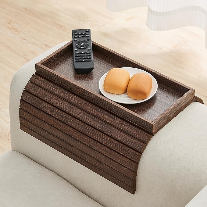 GEHE Bamboo Sofa Arm Tray, Foldable Couch Arm Tray Side Table, Anti-Falling