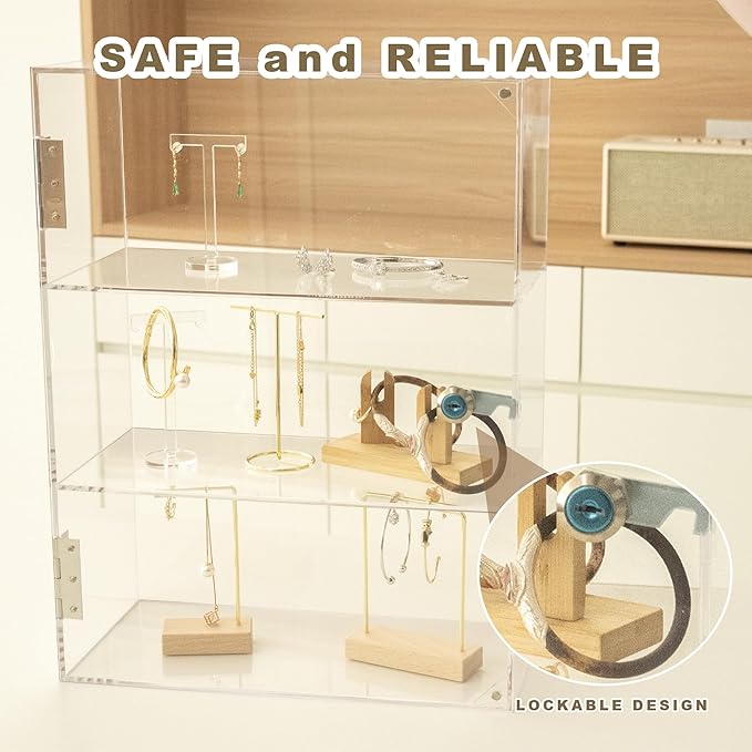 Acrylic Display Case with Lock Key, 3 Shelf Locking Countertop Display Case