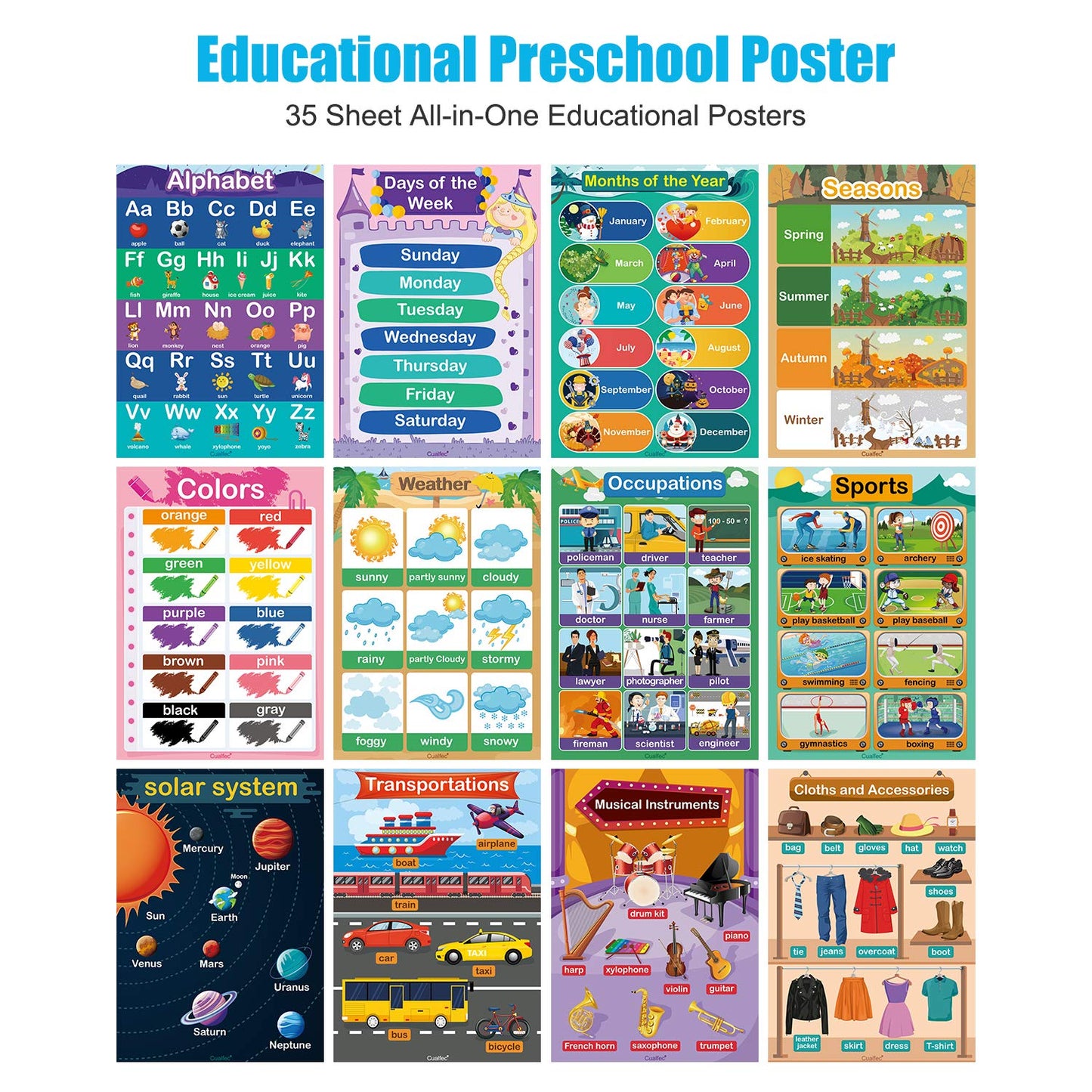 35 Pcs Laminated Educational Posters for Toddlers & Elementary Kids (Ages 3-10) - A3 Size Water-Resistant Dry Erase Learning Charts Set with Alphabet, Numbers, World Map, Foam Dots Included