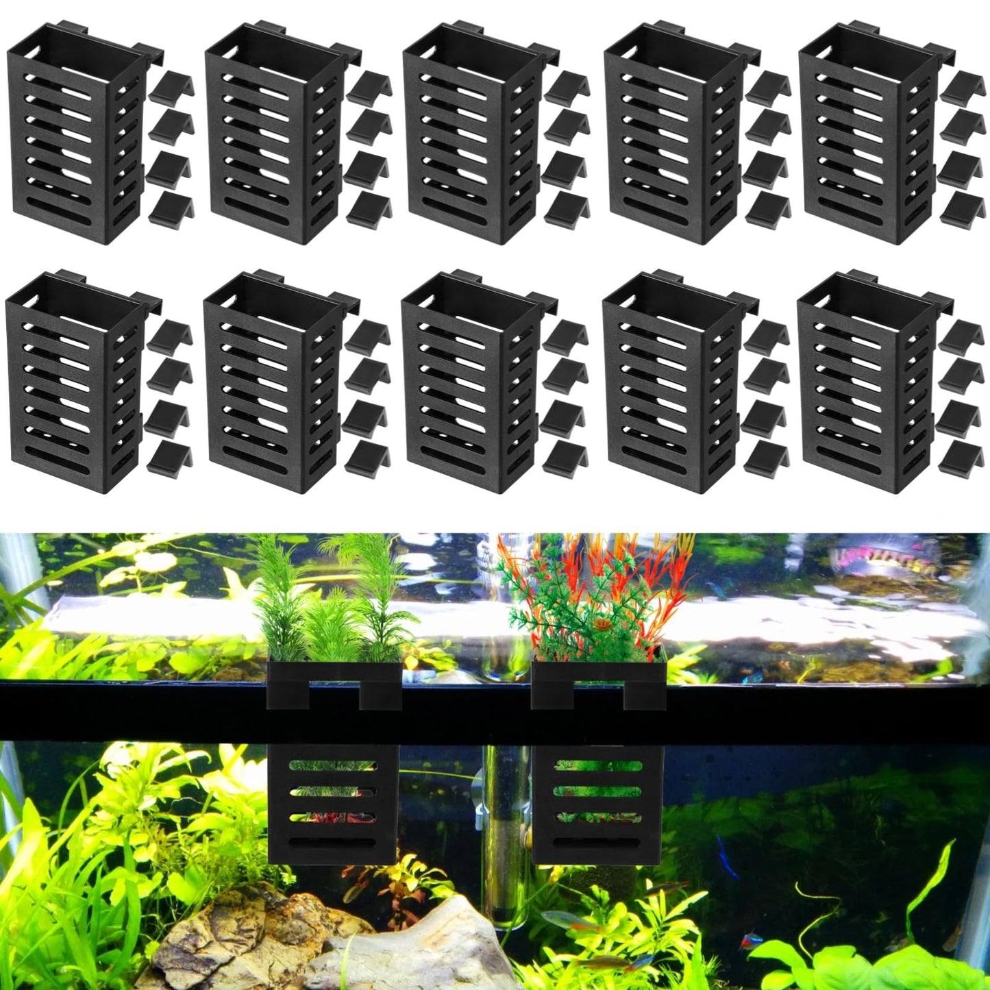 Lnrueg 10PCS Aquarium Plant Holder with Hooks, Hanging Rimmed Tank Plant Pot Aquarium Planters Cups, Upgraded Aquatic Planter Cups for Fish Tank Aquaponic Planter and Aquascape Decorations (10)