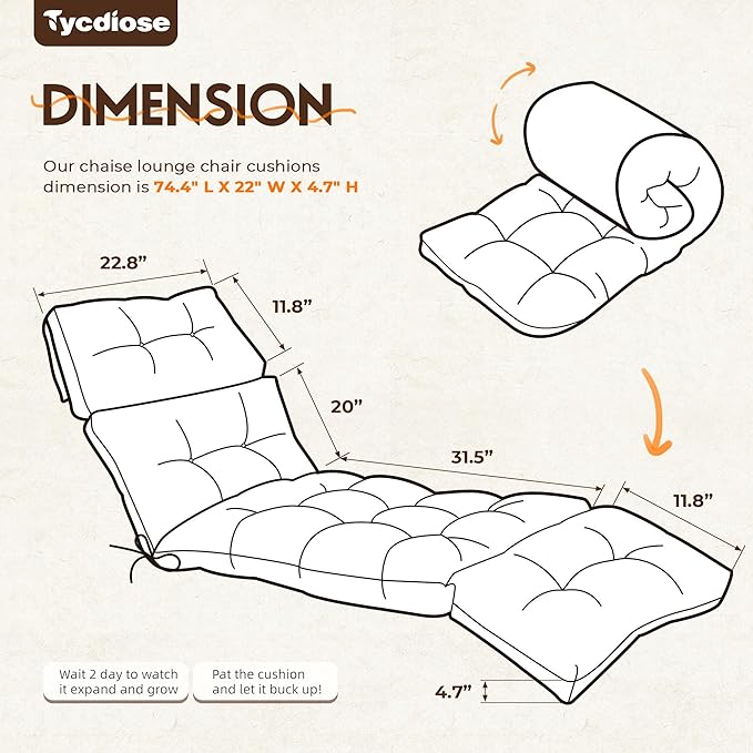 Waterproof Outdoor Chaise Lounge Cushion 74.4 x 22 x 4.7 Inches Memory Foam
