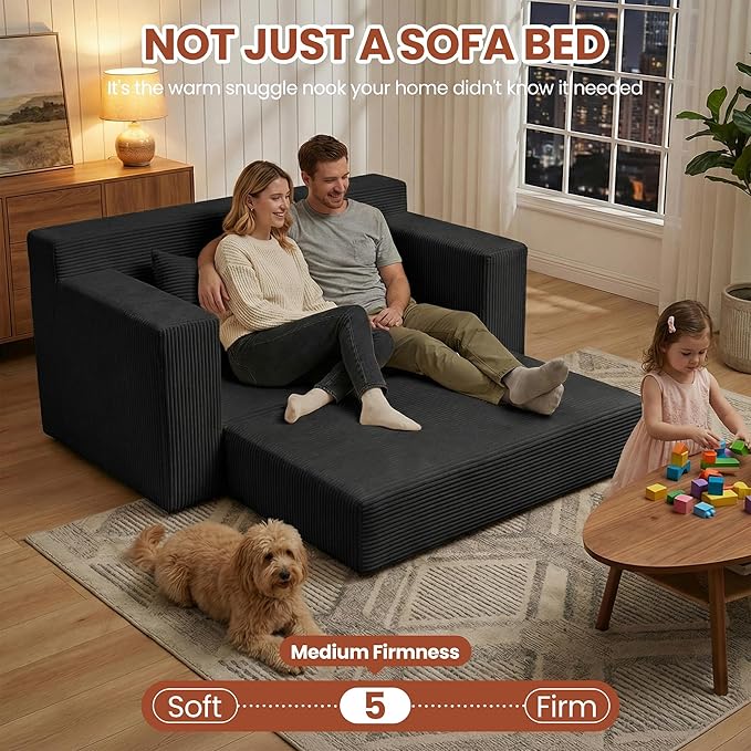 Convertible 5 in 1 Futon Sofa Bed Full Size, Corduroy Boneless Couch Sleeper