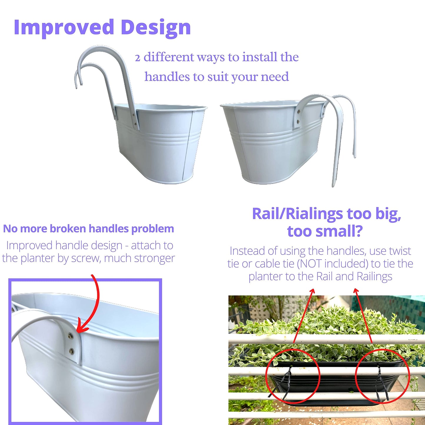 LaLaGreen Rail Planter Outdoor (6 Pack, 11.8 Inch) White Metal Iron Hanging Flower Pots Deck Railings Fence Buckets Modern Countryside Boho Style Wall Mount Window Box Plant Holder Hooks Porch Decor