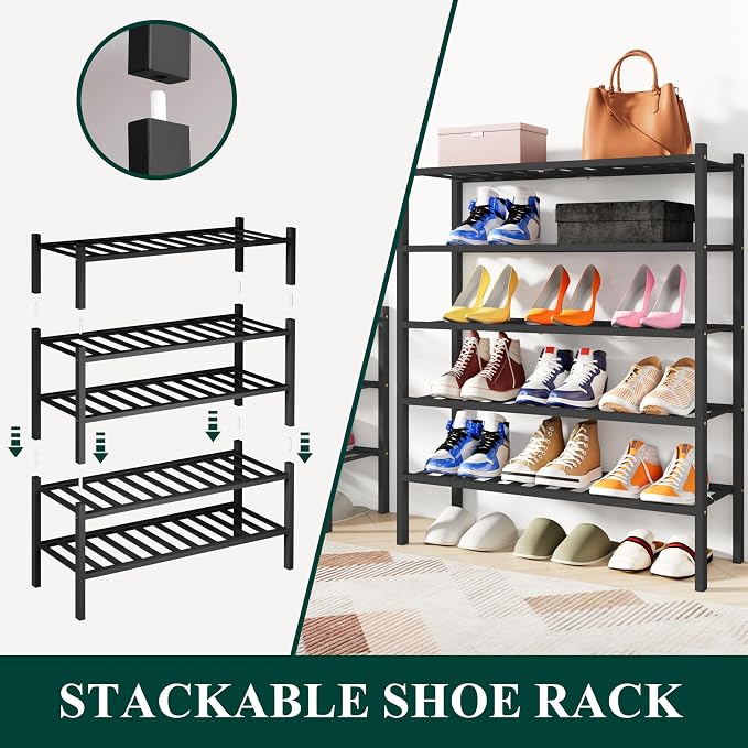 Smiry Bamboo Shoe Rack, 3 Tier Free Standing Wooden Shoe Organizer, Stackable Wood Shoe Storage Shelf for Closet, Entryway, 12 Vertical Slats, 2+1 Stack Standard Legs, 26.8"x11"x19.5", Black