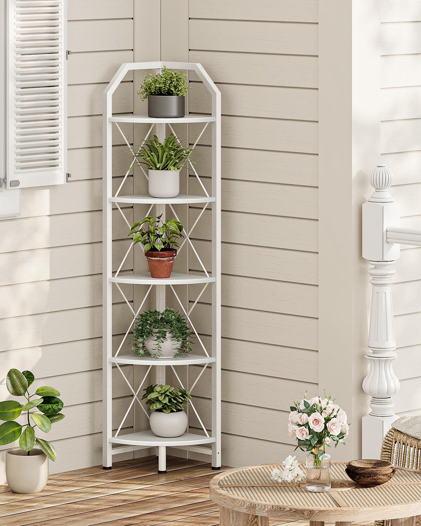 CHOEZON 5-Tier Corner Shelf, Industrial Corner Bookshelf, 59.4" Corner Storage Stand, Plant Stand Display Shelf, Corner Bookcase for Bedroom, Living Room, Home Office, White TCJ10WB