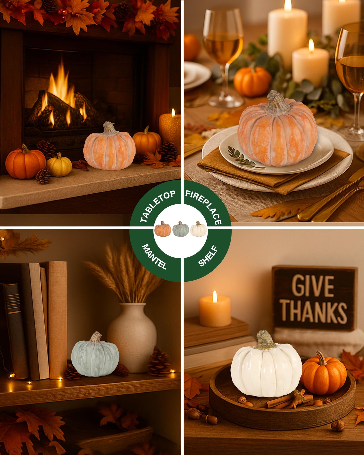 GoGnome Set of 3 Decorative Pumpkins – Resin Fall Harvest Décor in White, Sage Green & Orange, Rustic Autumn Table Centerpiece for Thanksgiving Farmhouse Home Decoration (White)