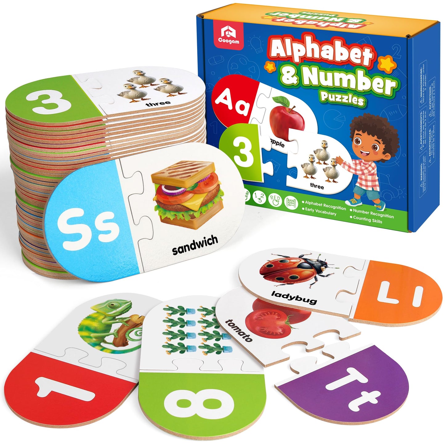 Coogam Learning Alphabet Matching Game, 36pcs Self-Correcting Sight Words Letter Number Cards, Fine Motor Educational Montessori Toy for Preschool Kindergarten 3 4 5 Years Old