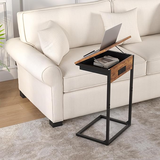 sthmec C Shaped End Table with Charging Station, 45° Tiltable Adjustable Flip