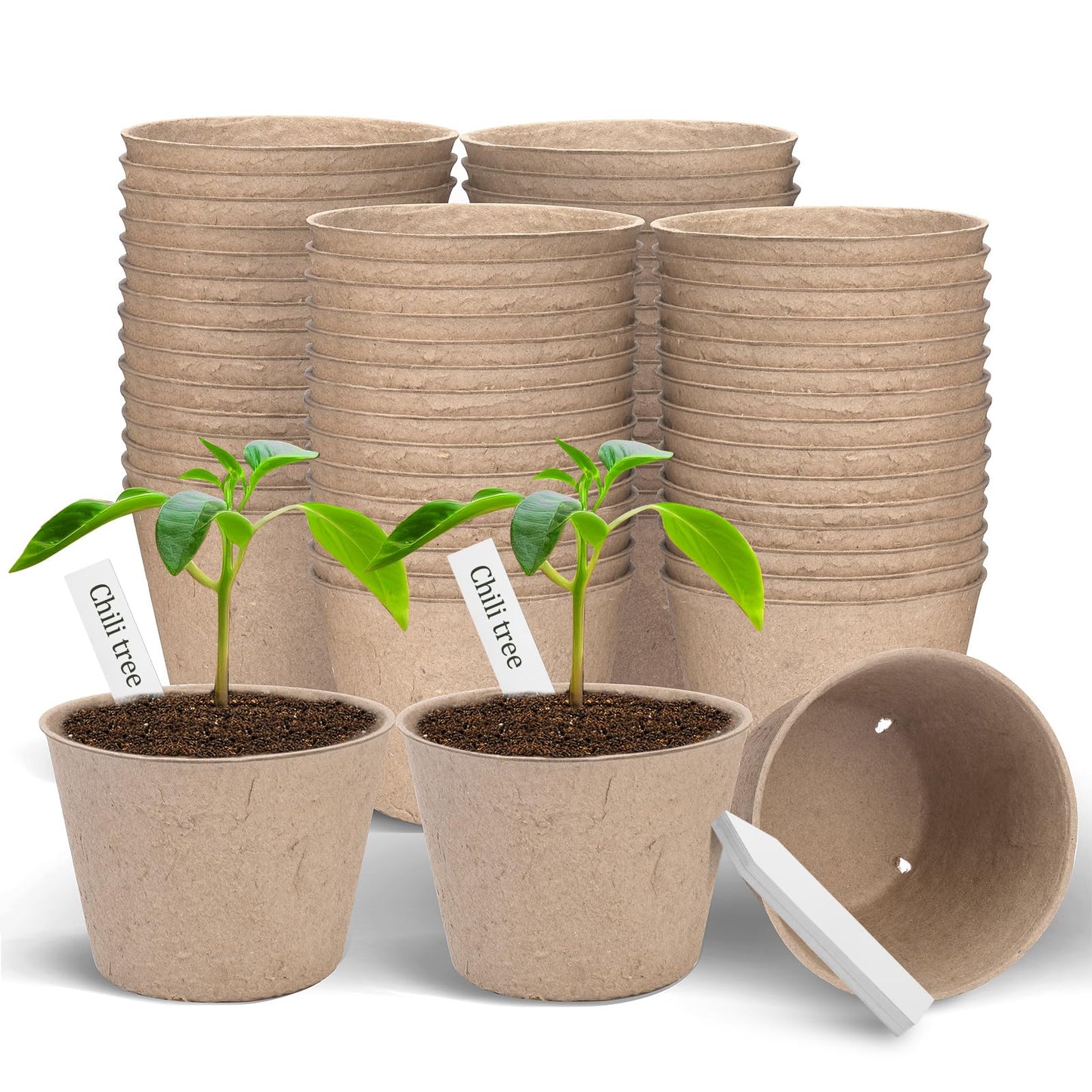 ARGCONNER Peat Pots, 60 Pack Plant Starter Round Nursery Pot with Drainage Holes, Garden Germination Seedling Pots with 30 Plant Labels (4 Inch)