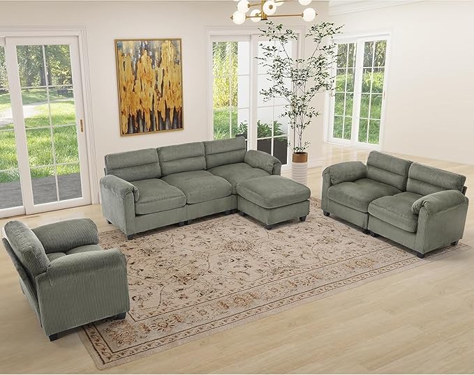 HAOMARKETS Corduroy Sofa Set, Upholstered Ottoman, Loveseat Set of 2, and
